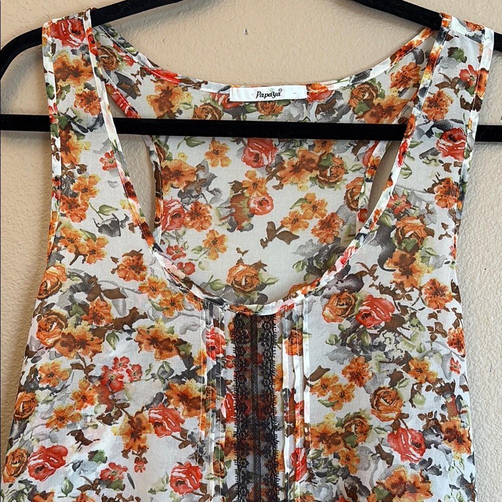 PAPAYA Boho Sleeveless Tank Blouse LARGE Ruffle Hem Lace Orange Floral Feminine